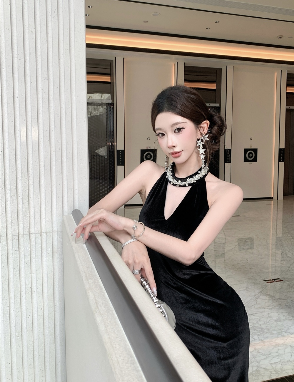 Ladies France style velvet halter rhinestone evening dress
