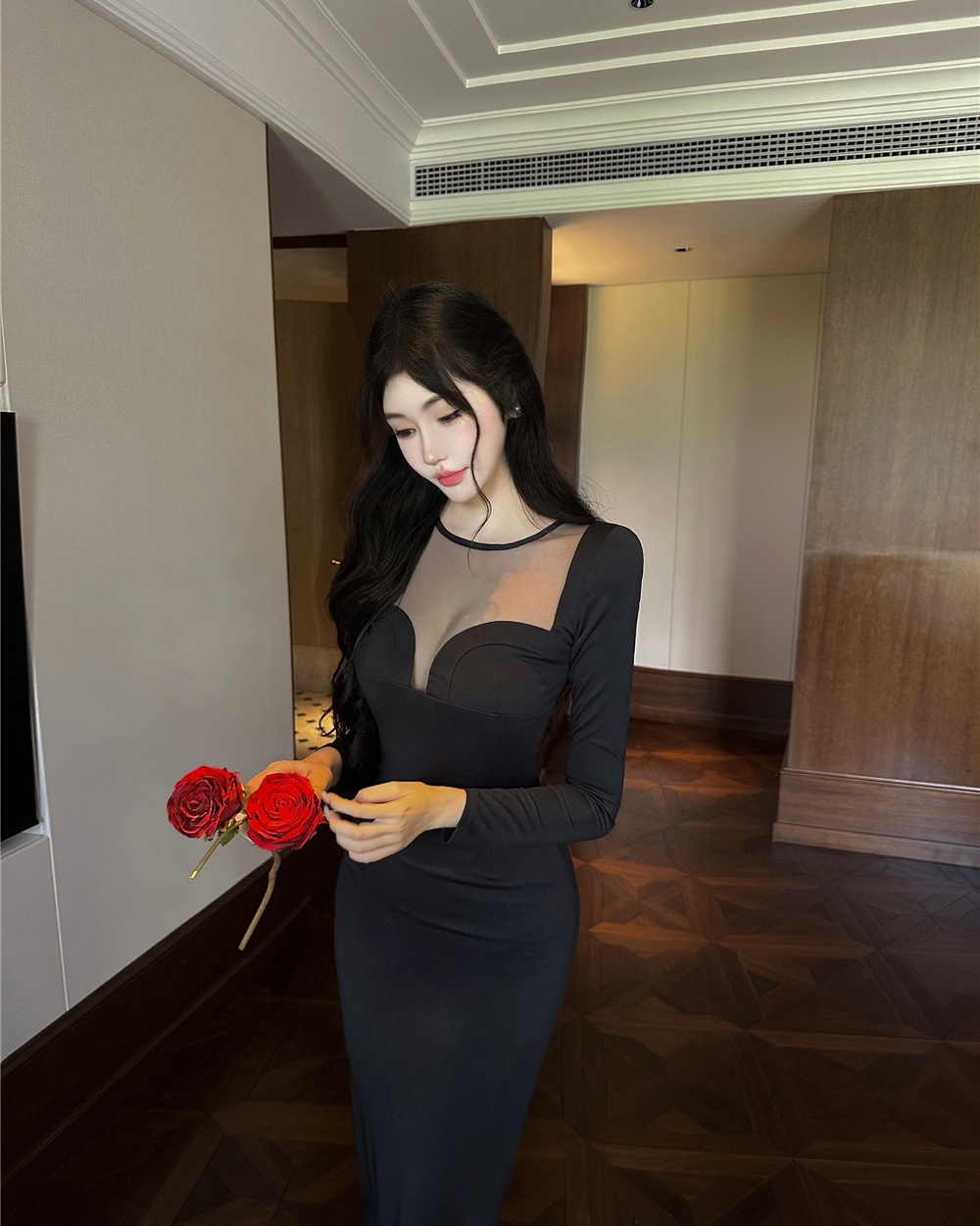 Sexy gauze package hip splice slim dress for women