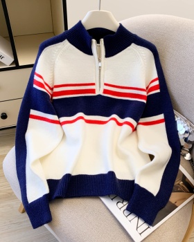 Stripe loose zip sweater long sleeve mixed colors retro tops