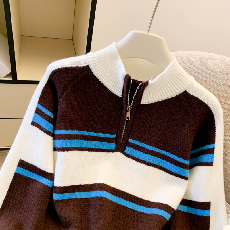 Stripe loose zip sweater long sleeve mixed colors retro tops