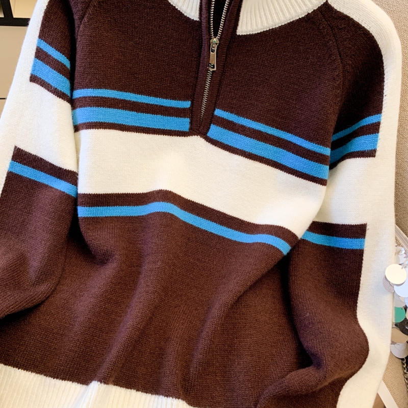 Stripe loose zip sweater long sleeve mixed colors retro tops