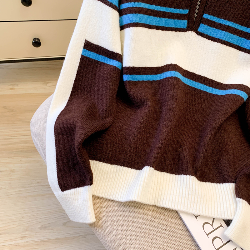 Stripe loose zip sweater long sleeve mixed colors retro tops