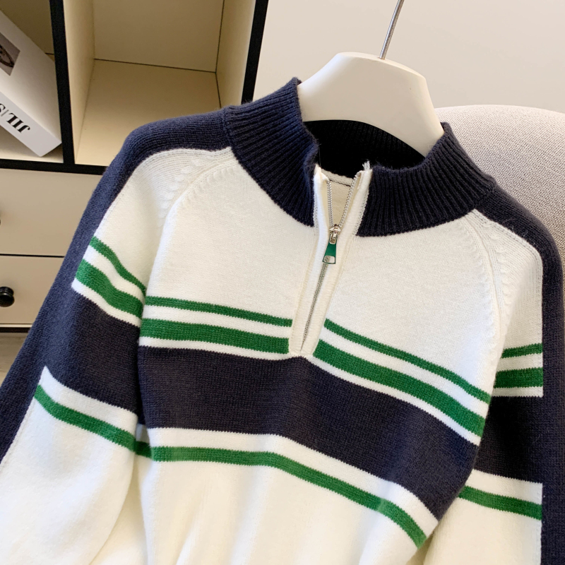 Stripe loose zip sweater long sleeve mixed colors retro tops