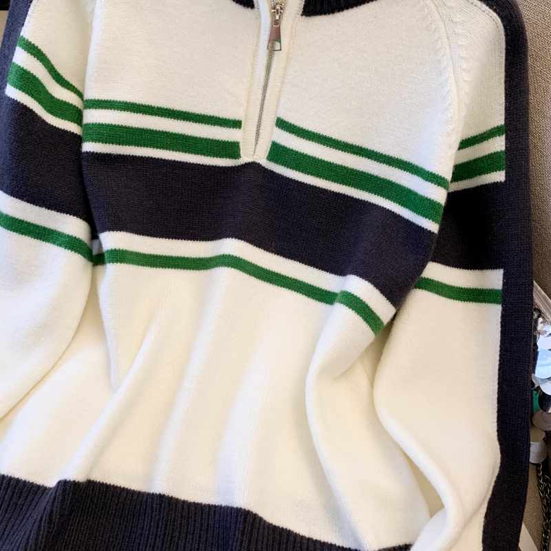 Stripe loose zip sweater long sleeve mixed colors retro tops
