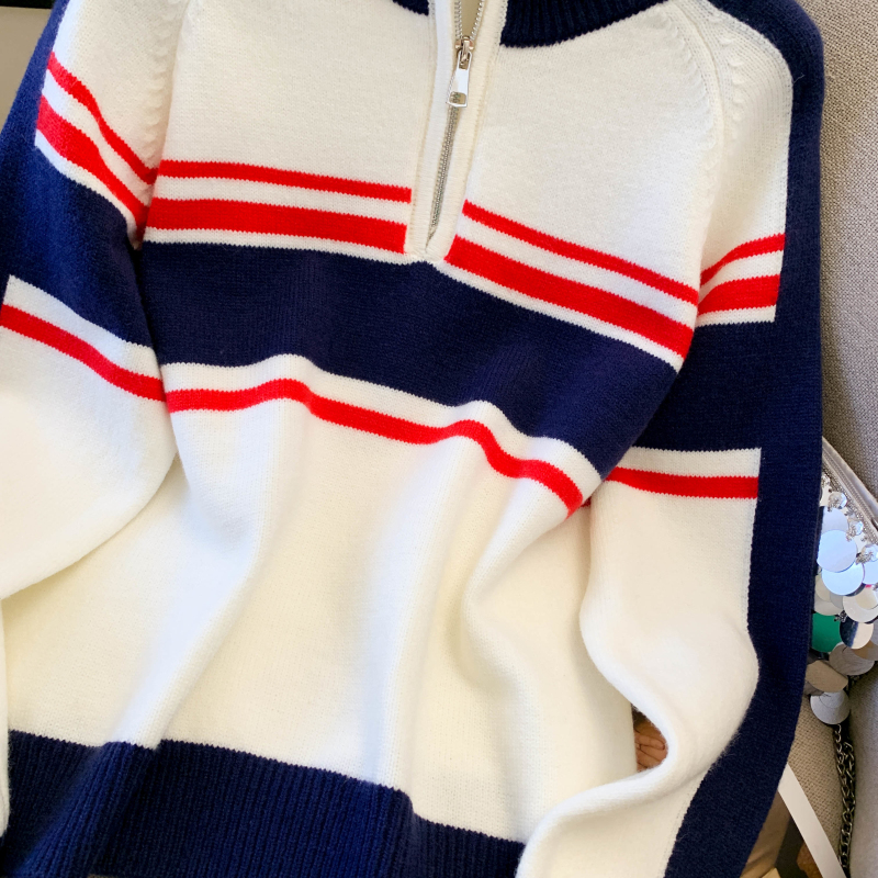 Stripe loose zip sweater long sleeve mixed colors retro tops