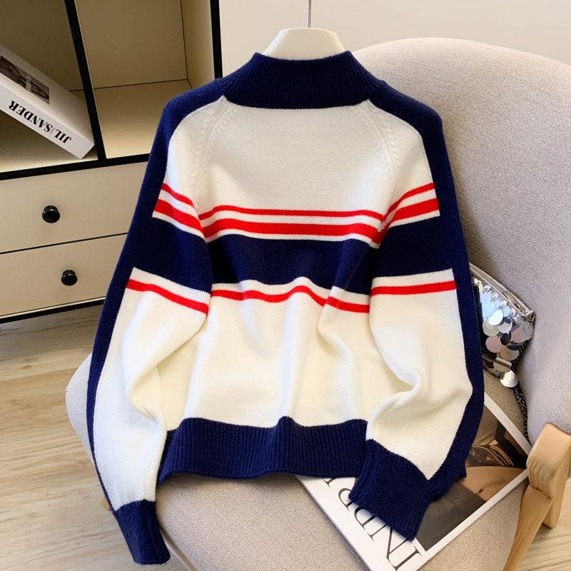 Stripe loose zip sweater long sleeve mixed colors retro tops
