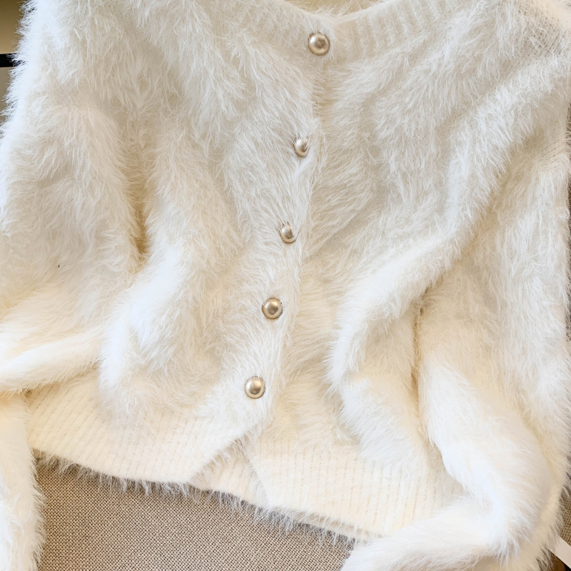 Knitted tender tops imitation of mink hair cardigan for women