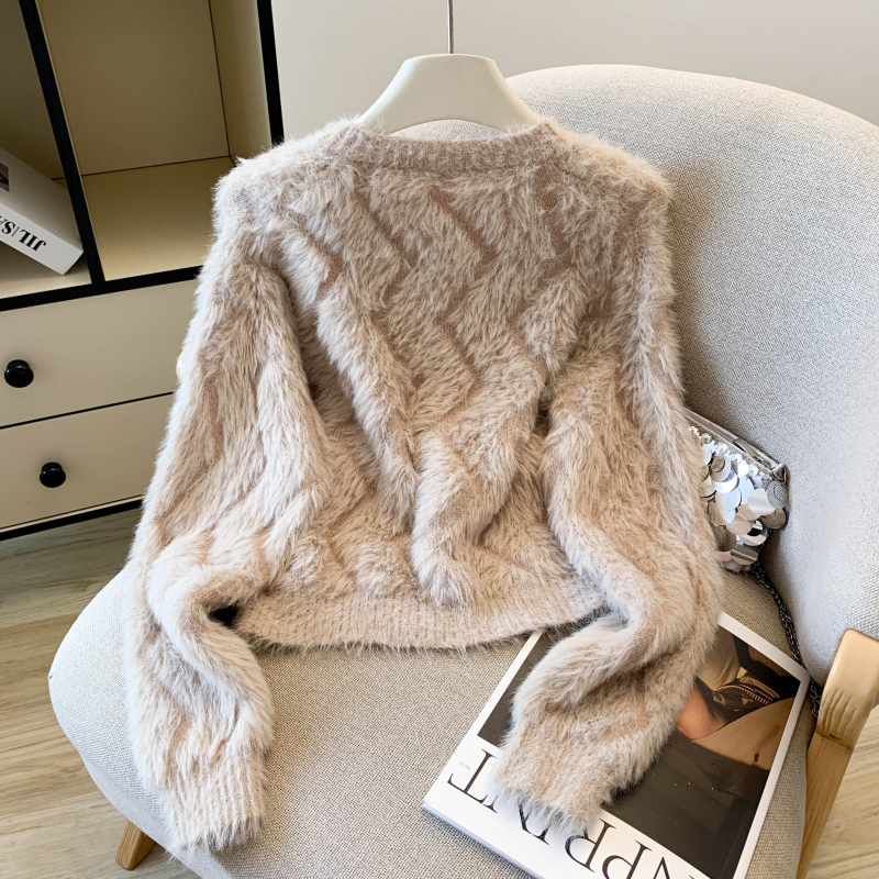 Knitted tender tops imitation of mink hair cardigan for women