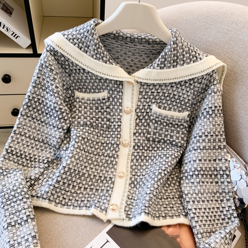 Sweet navy collar cardigan temperament chanelstyle coat