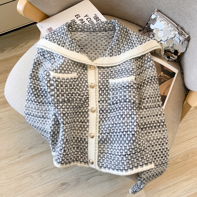 Sweet navy collar cardigan temperament chanelstyle coat