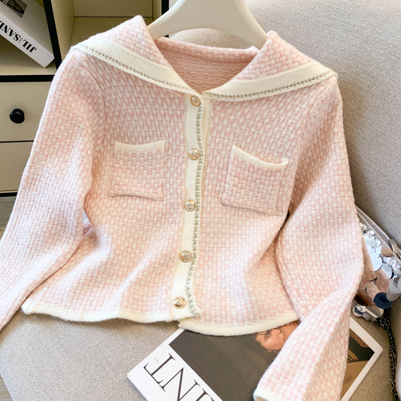 Sweet navy collar cardigan temperament chanelstyle coat
