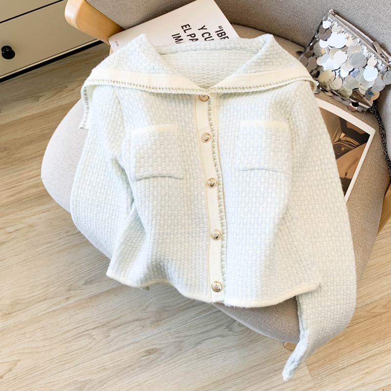 Sweet navy collar cardigan temperament chanelstyle coat