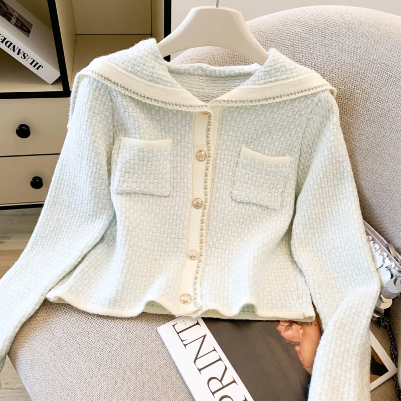 Sweet navy collar cardigan temperament chanelstyle coat