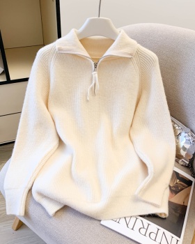 Loose lazy split half zip thick sweater for women
