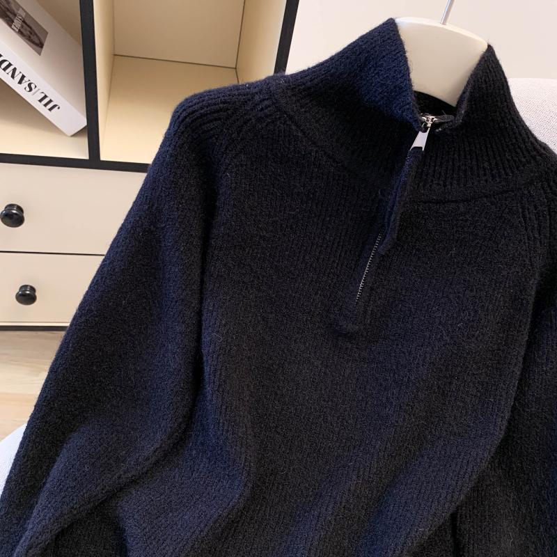 Loose lazy split half zip thick sweater for women