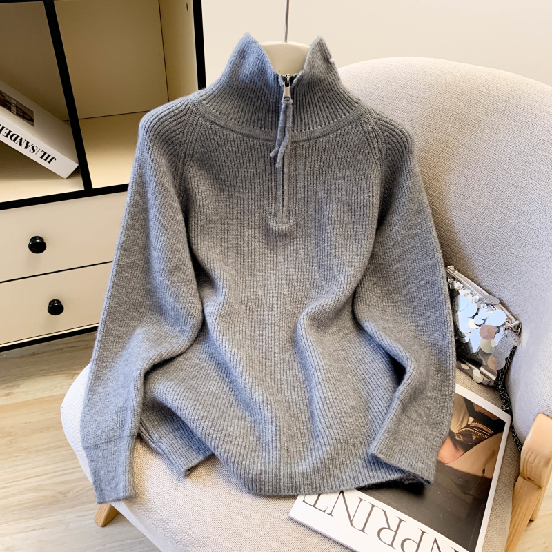 Loose lazy split half zip thick sweater for women