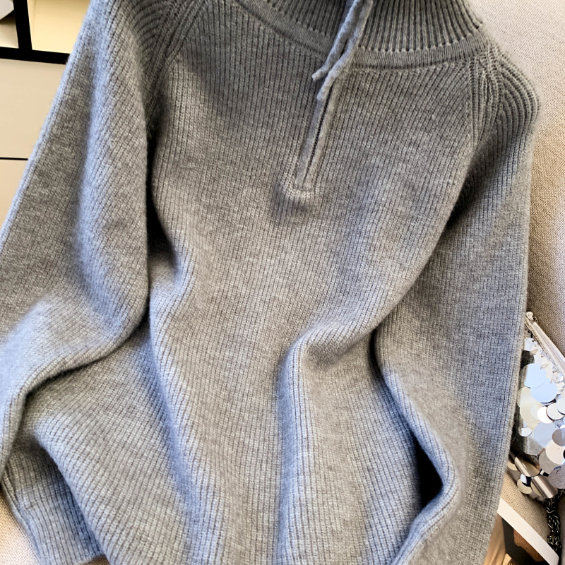 Loose lazy split half zip thick sweater for women