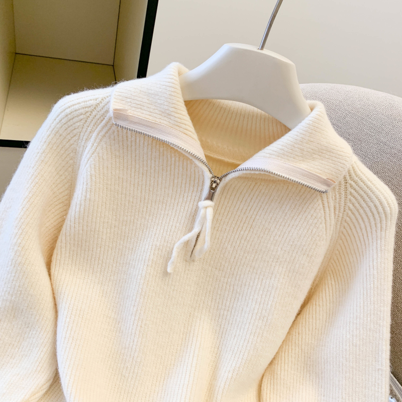 Loose lazy split half zip thick sweater for women