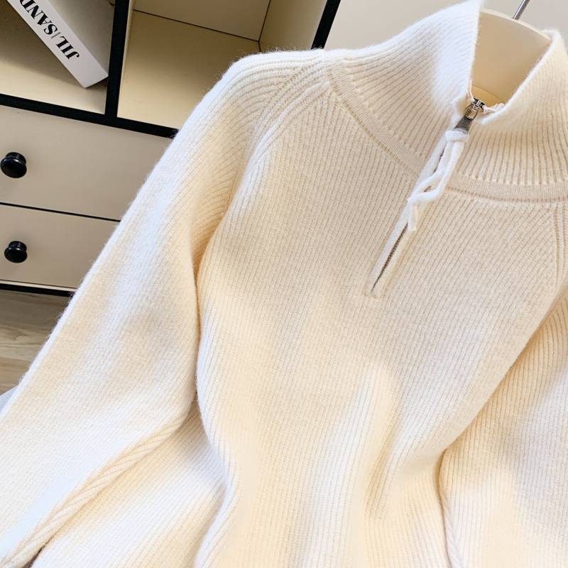 Loose lazy split half zip thick sweater for women