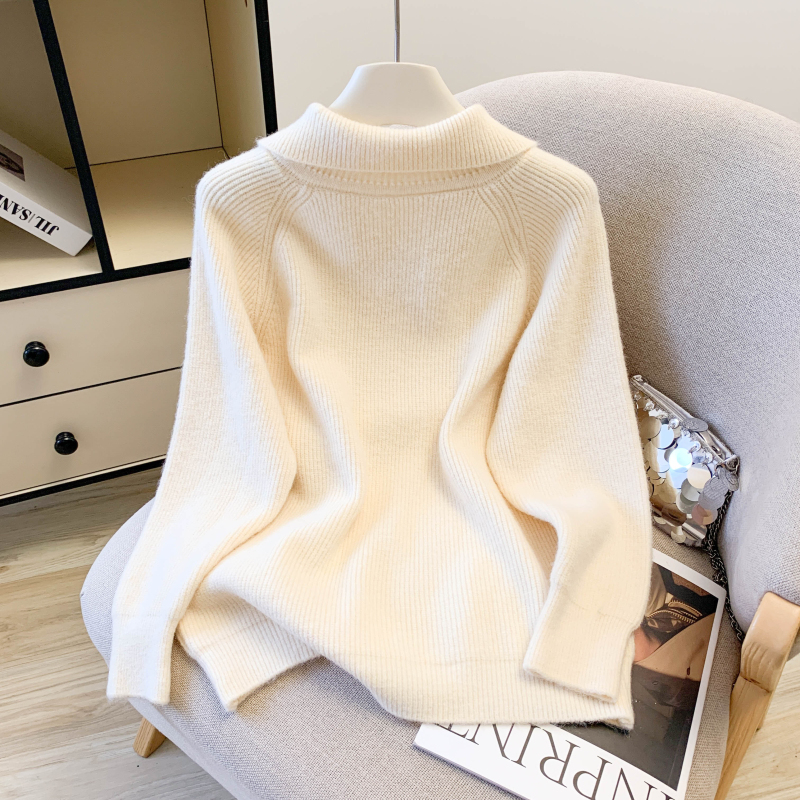 Loose lazy split half zip thick sweater for women