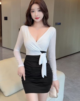 Mixed colors sexy short package hip bottoming splice gauze dress