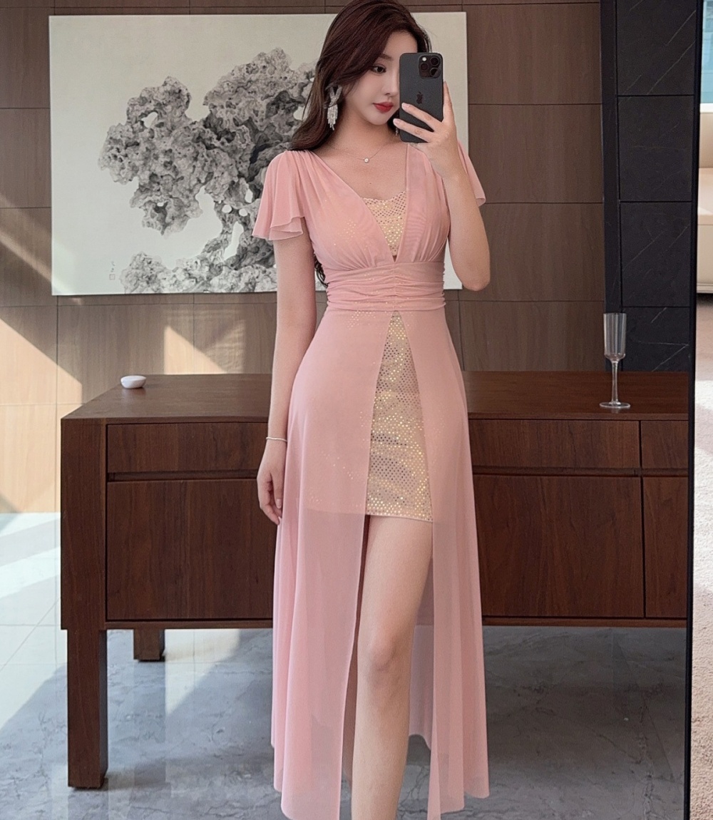 Streamer slim long dress gauze dress