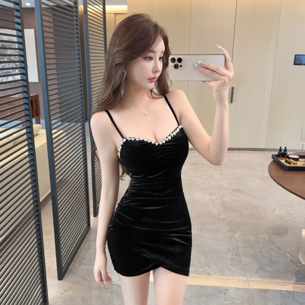 Rhinestone velvet T-back pinched waist sling dress