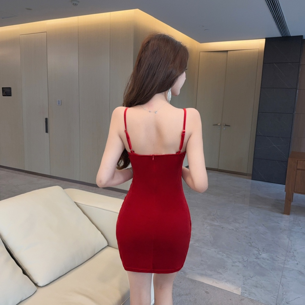 Rhinestone velvet T-back pinched waist sling dress
