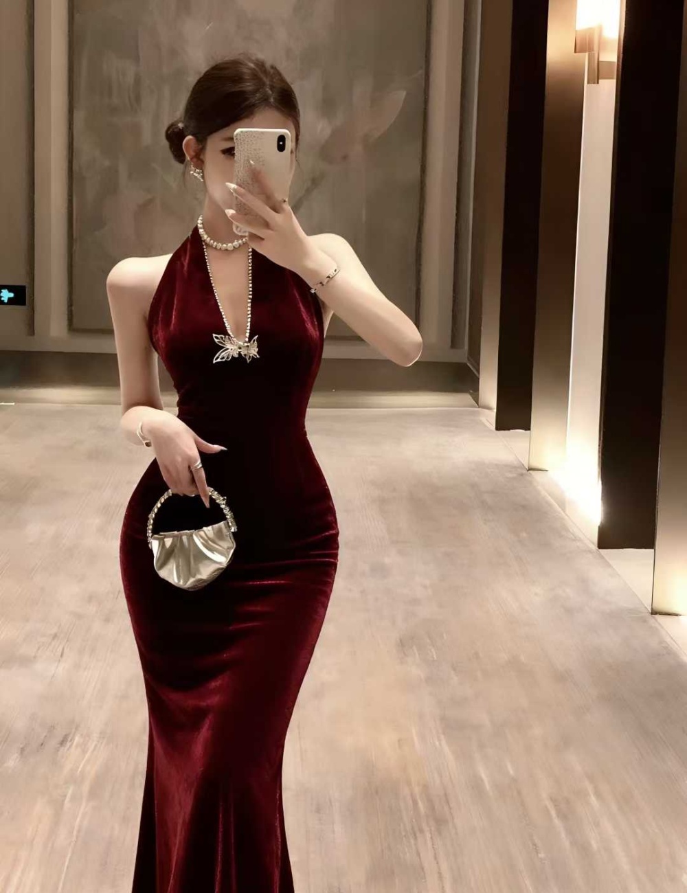 With chest pad bottoming V-neck long dress