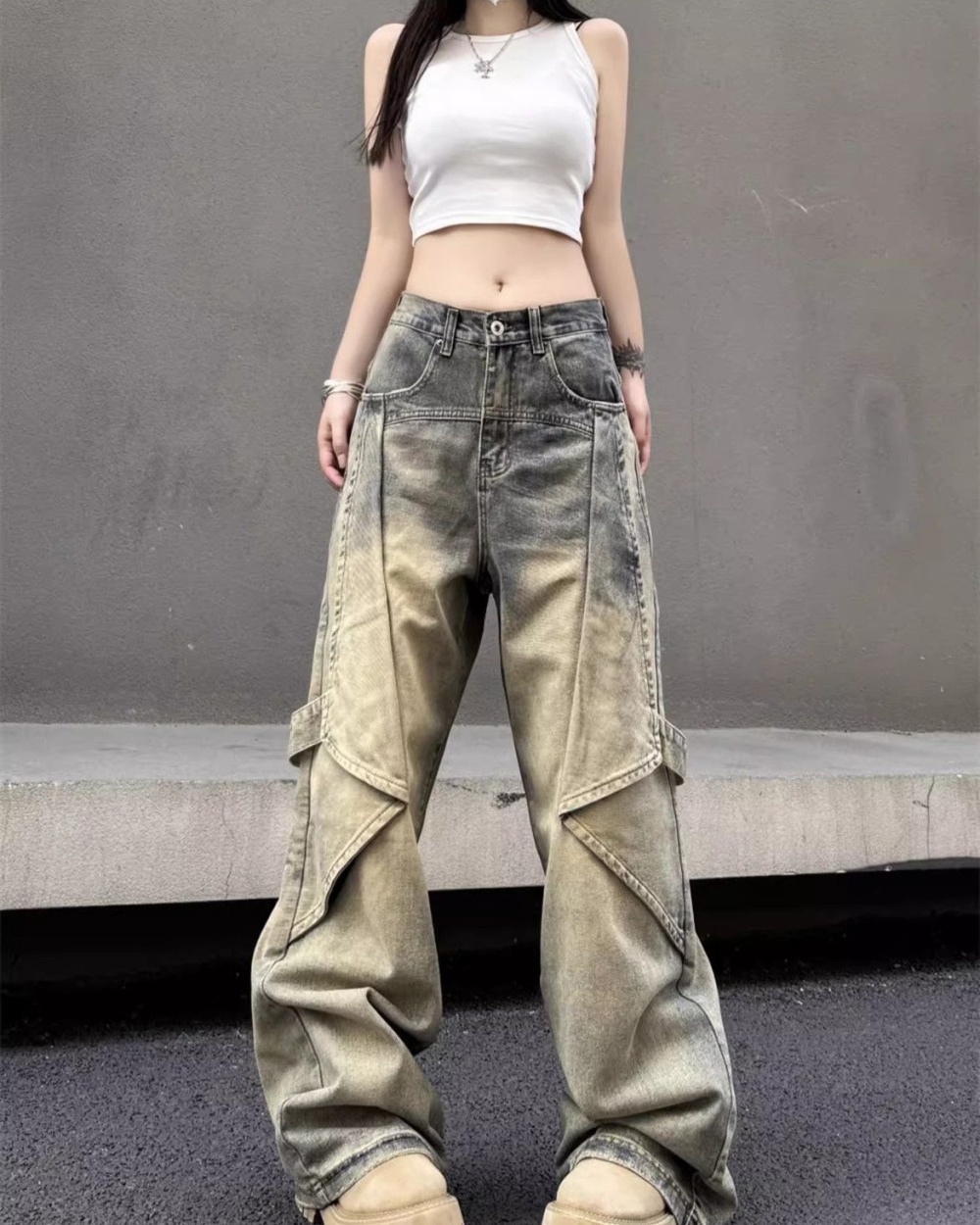 Washed large yard long pants retro jeans for women