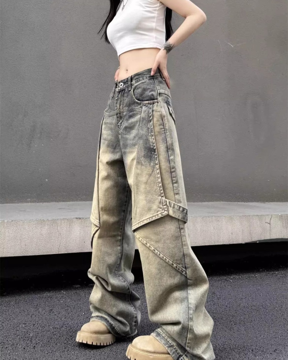Washed large yard long pants retro jeans for women