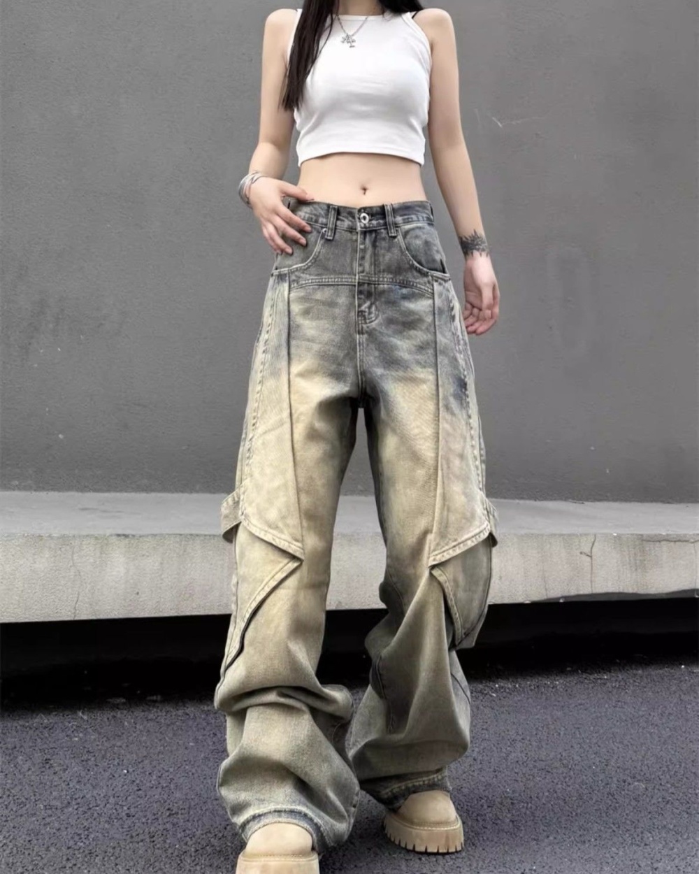 Washed large yard long pants retro jeans for women