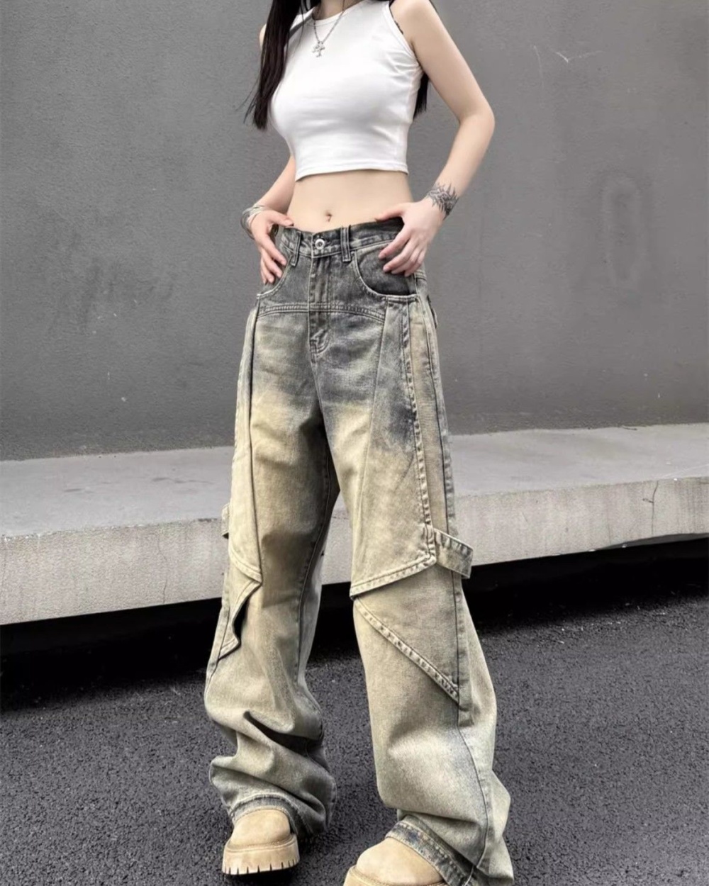 Washed large yard long pants retro jeans for women
