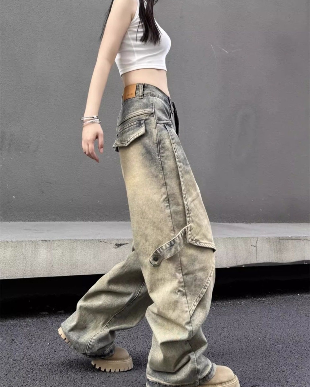 Washed large yard long pants retro jeans for women