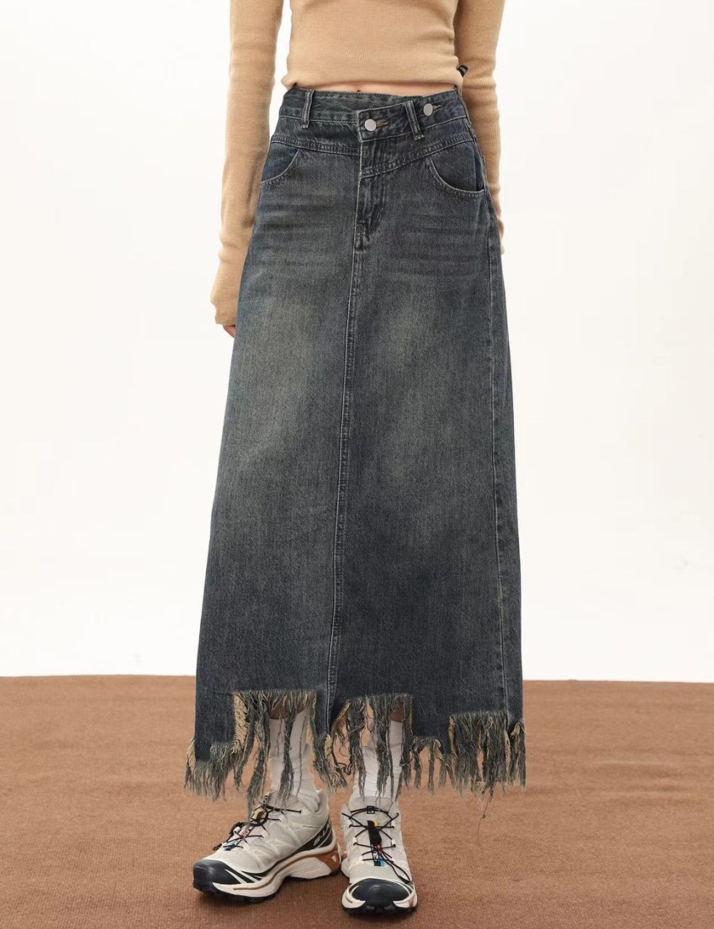 Denim split autumn A-line large yard long skirt for women