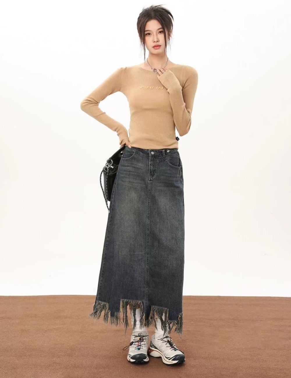 Denim split autumn A-line large yard long skirt for women