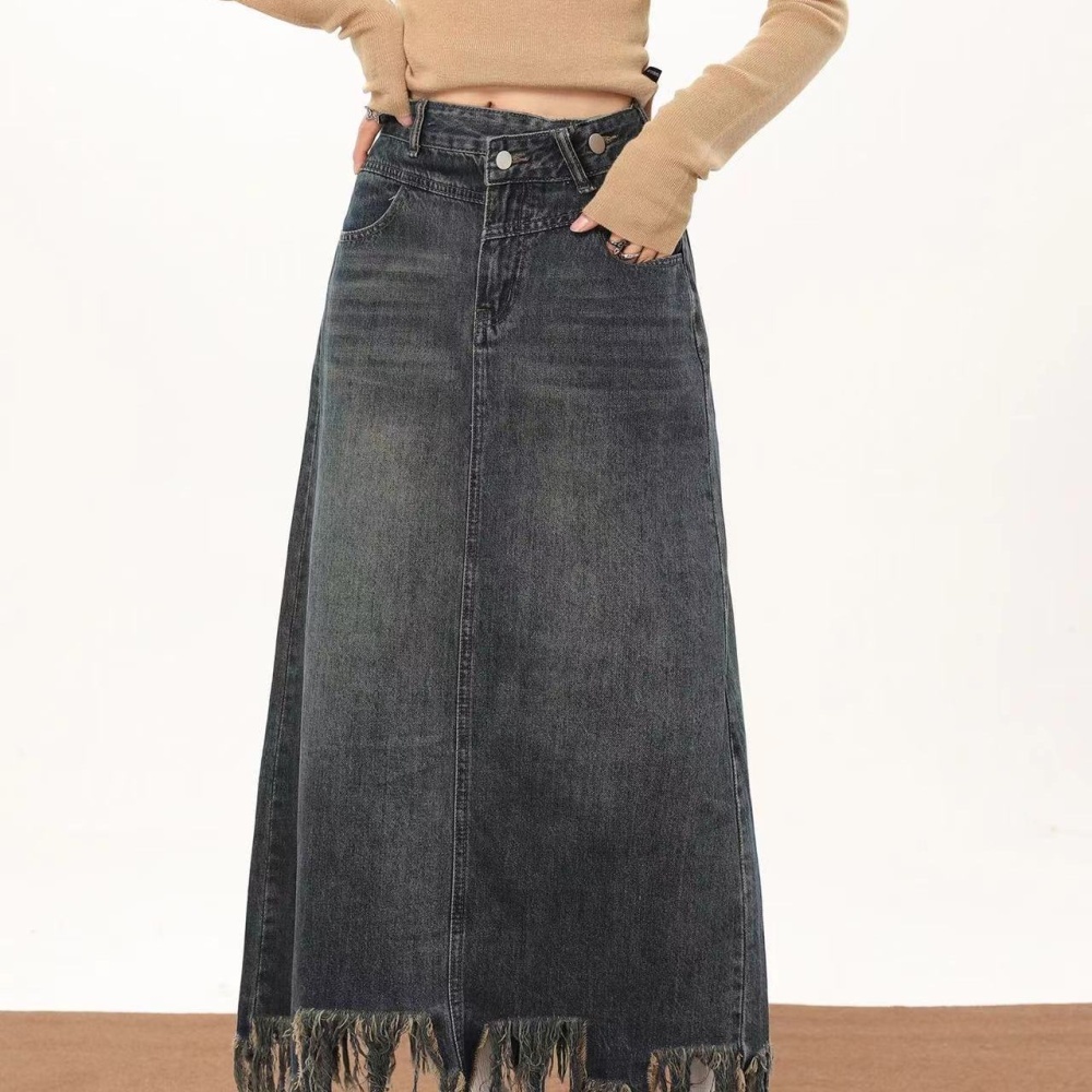 Denim split autumn A-line large yard long skirt for women