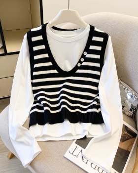 Autumn and winter waistcoat stripe T-shirt 2pcs set
