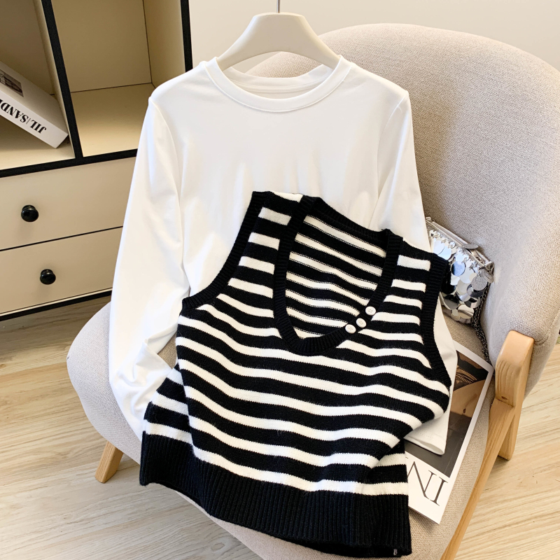 Autumn and winter waistcoat stripe T-shirt 2pcs set