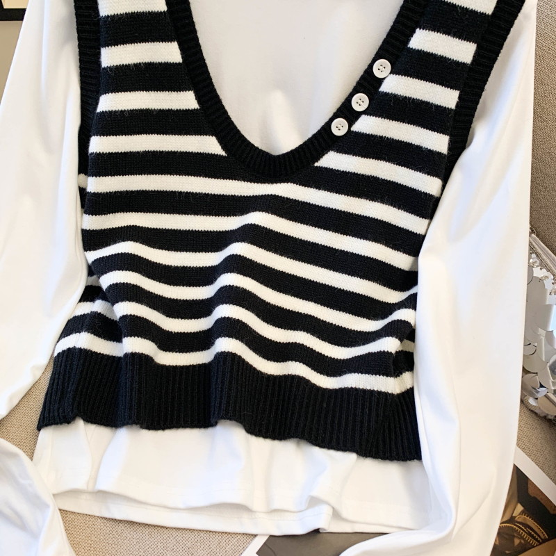 Autumn and winter waistcoat stripe T-shirt 2pcs set