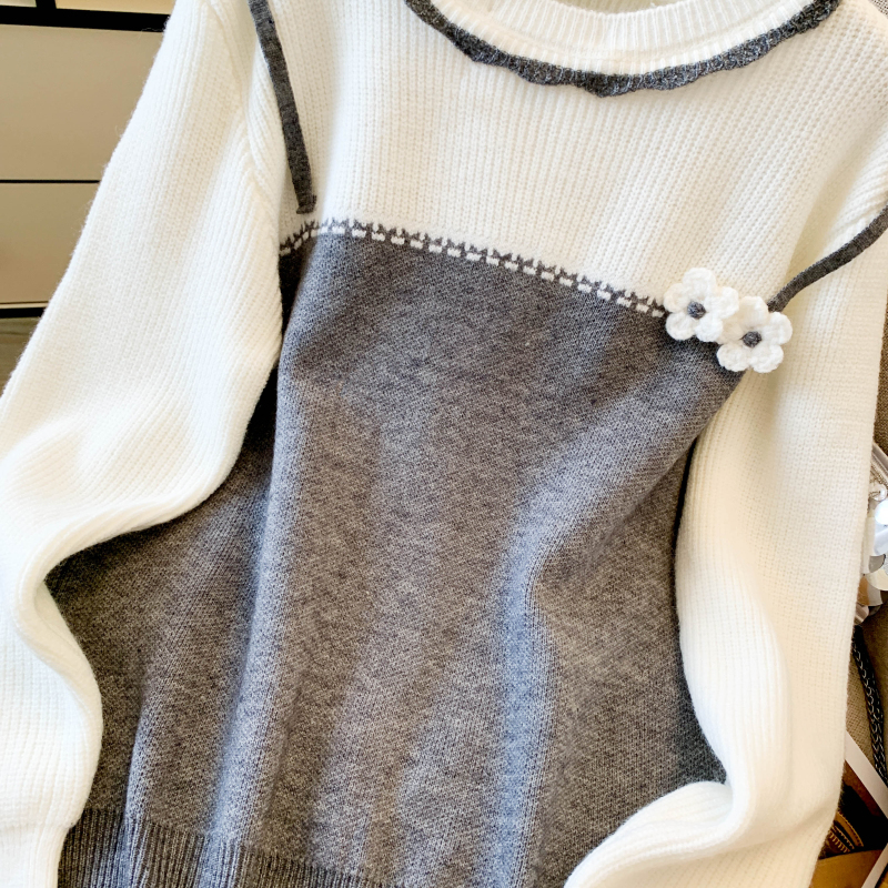Flowers Pseudo-two tops mixed colors sweater