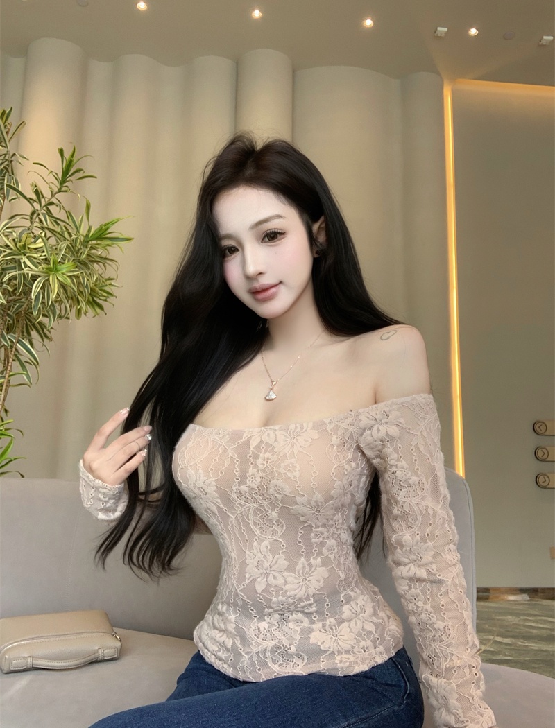 Flat shoulder tops lace T-shirt for women