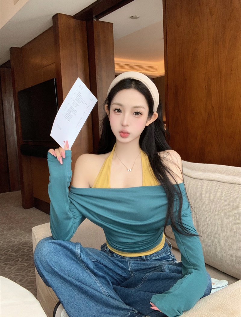 Pseudo-two mixed colors halter tops