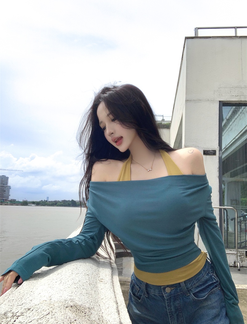 Pseudo-two mixed colors halter tops