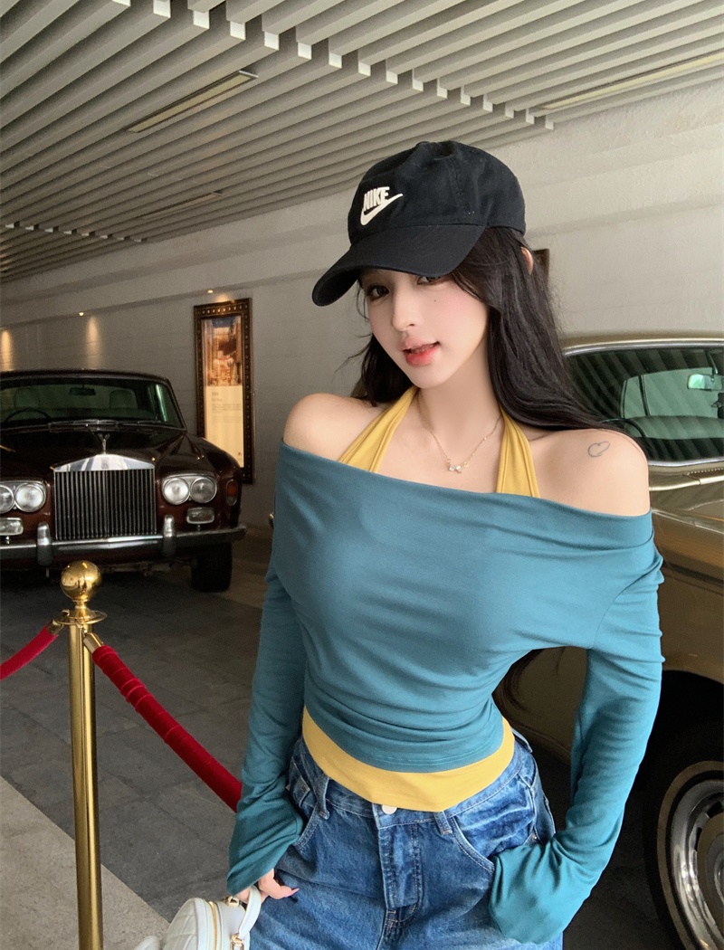 Pseudo-two mixed colors halter tops