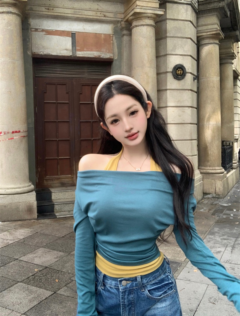 Pseudo-two mixed colors halter tops