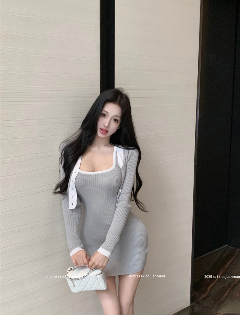Autumn dress short small cardigan 2pcs set for women