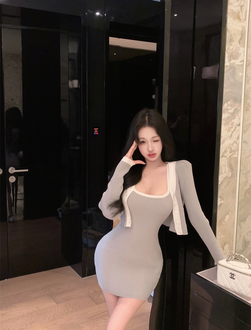 Autumn dress short small cardigan 2pcs set for women