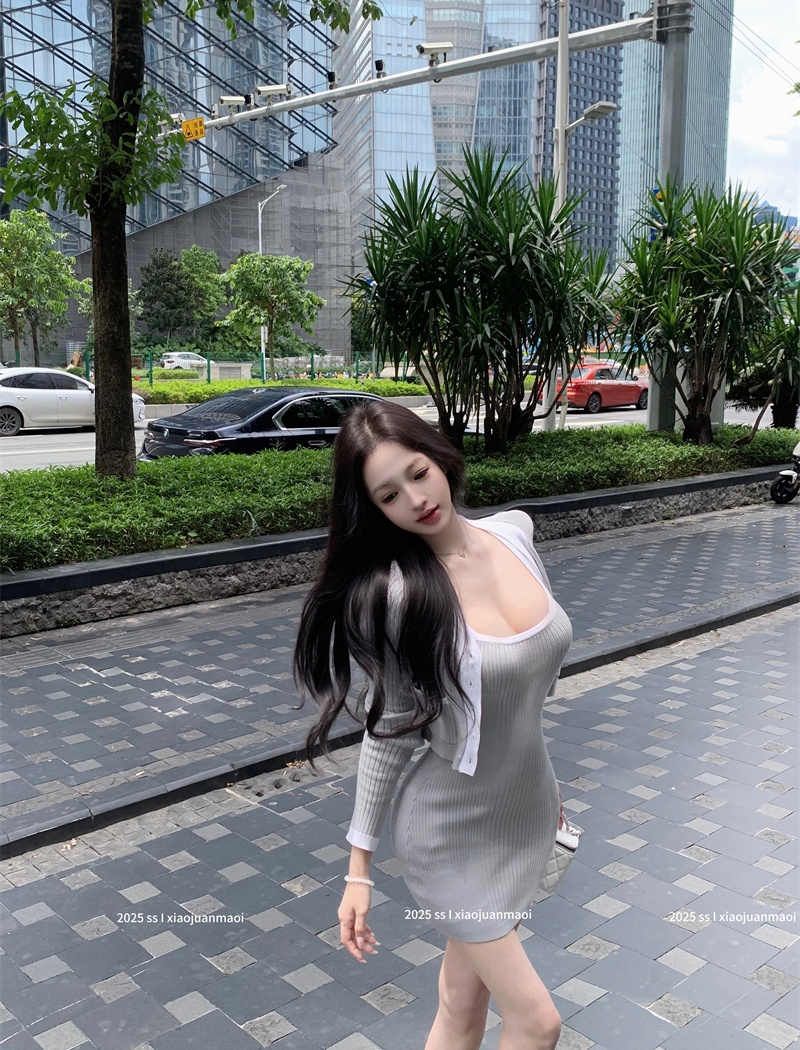 Autumn dress short small cardigan 2pcs set for women