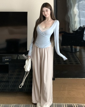 Loose straight enticement vest fold knitted long pants 2pcs set